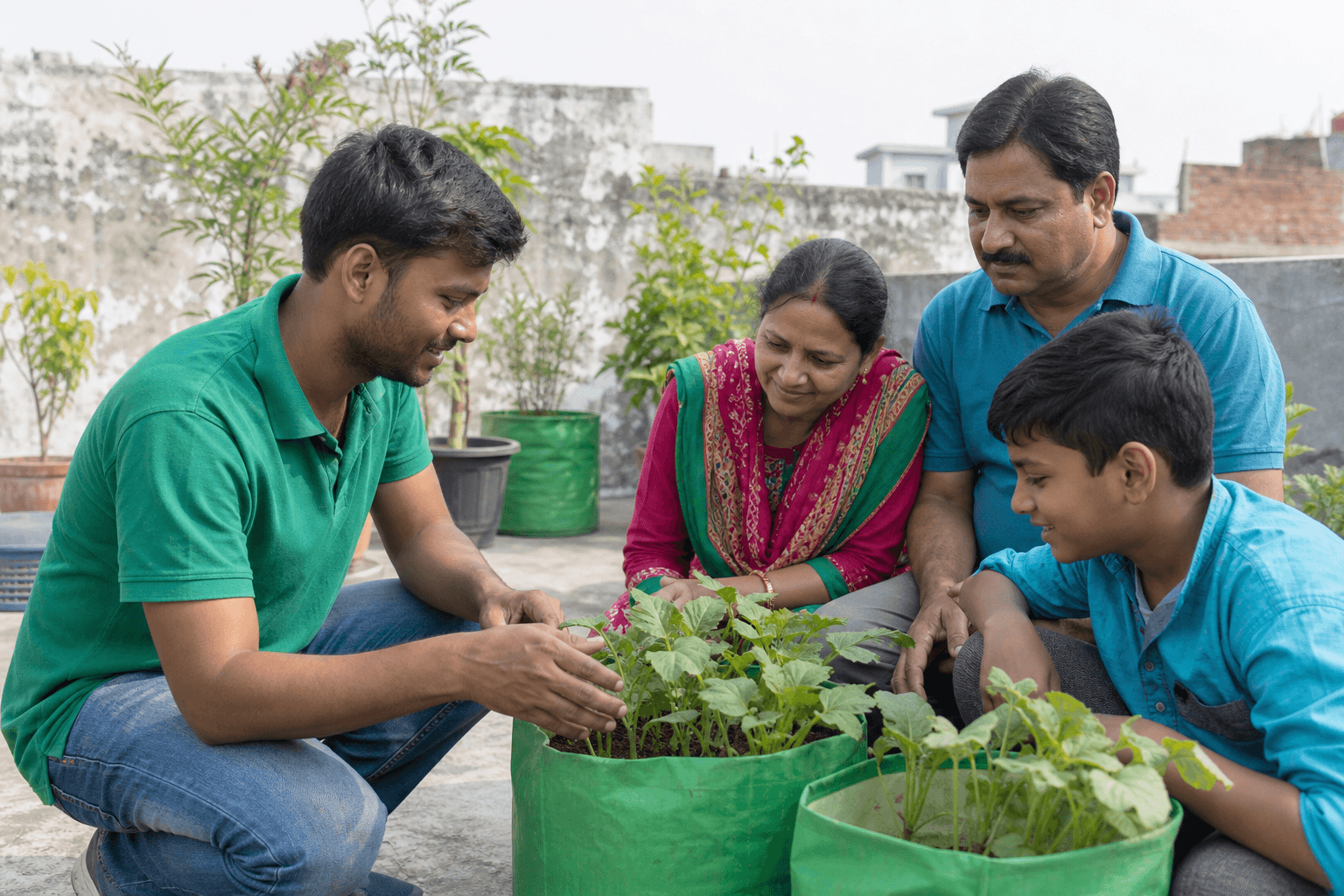 A volunteer guiding a family with terrace gardening